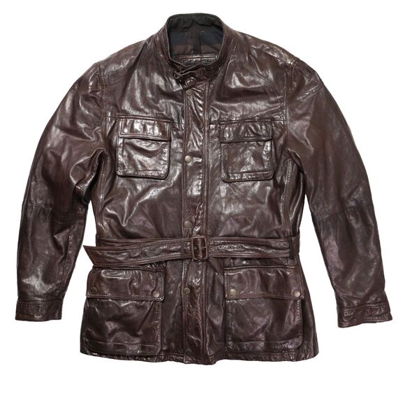 Massimo Dutti Brown Sheep Leather Jacket Mens 2XL 44 EU Belted Neck Utility Coat